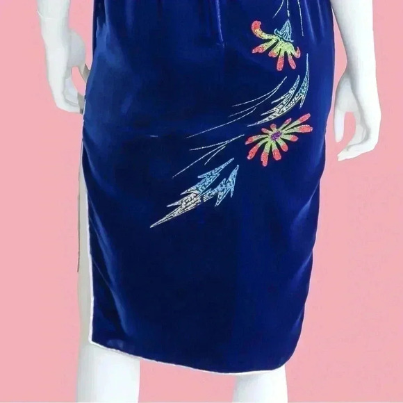 Vintage Electric Blue Floral Cheongsam Pencil Dress Size Small spring easter - Picture 6 of 6